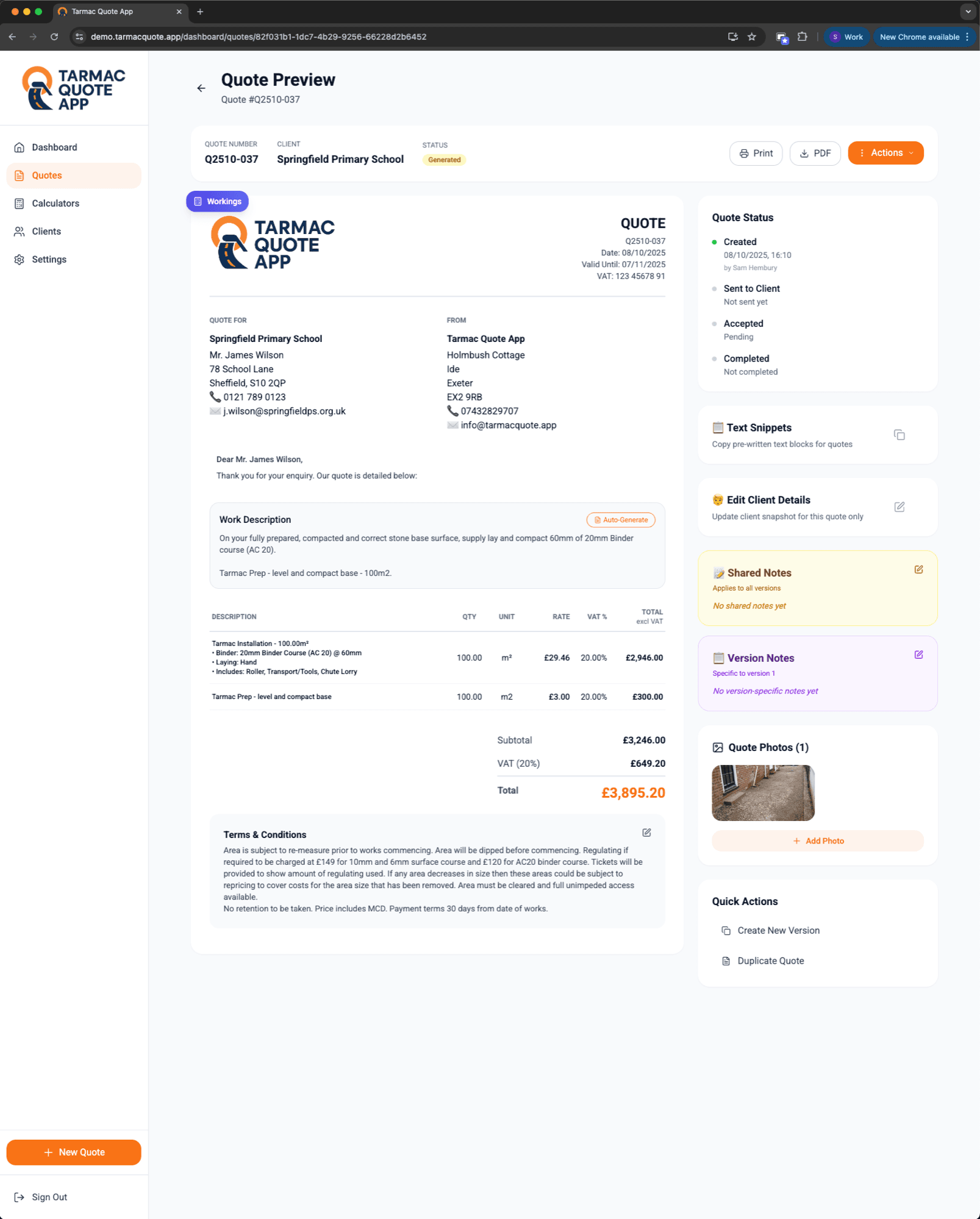 TarmacQuote App Quote Preview