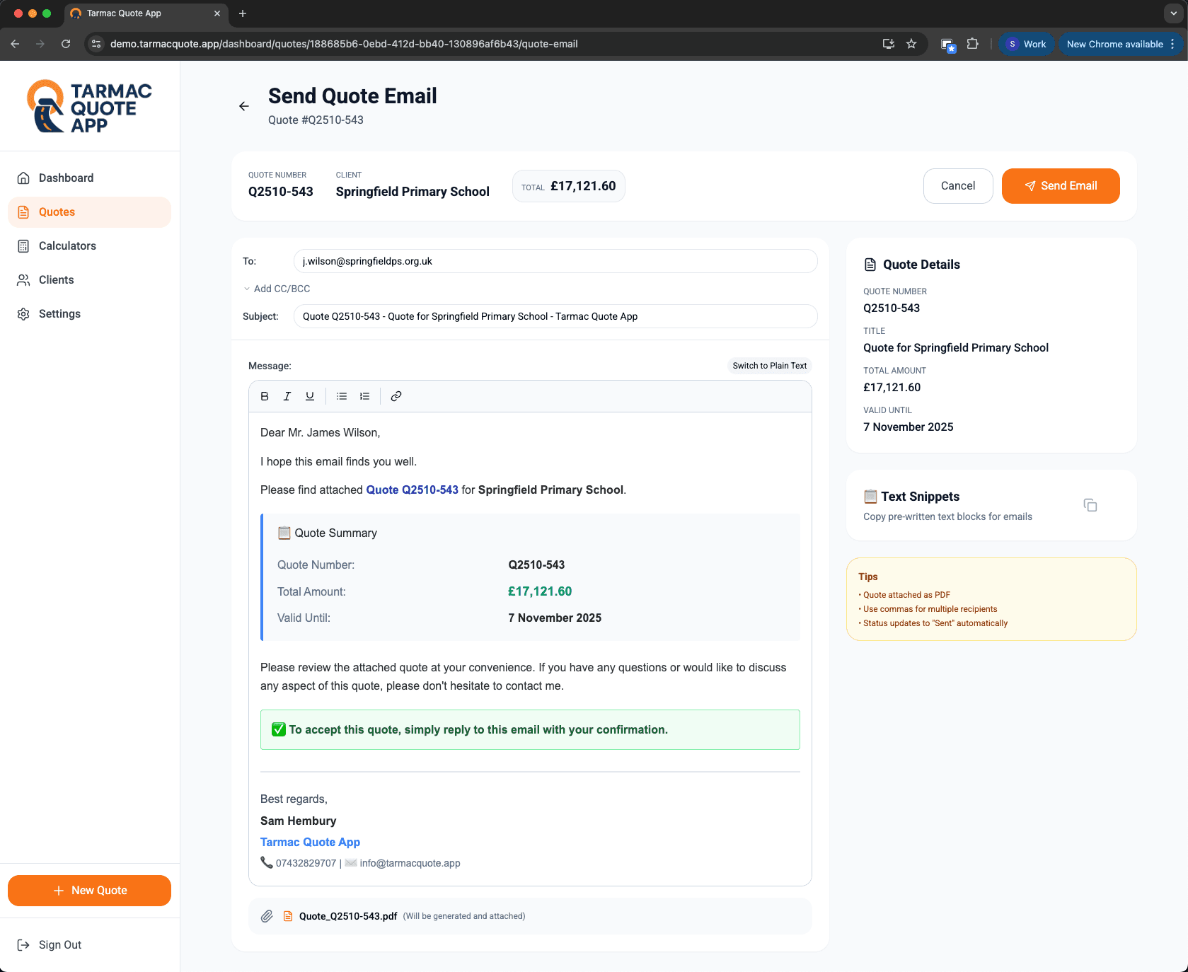 Send Quote Email Interface