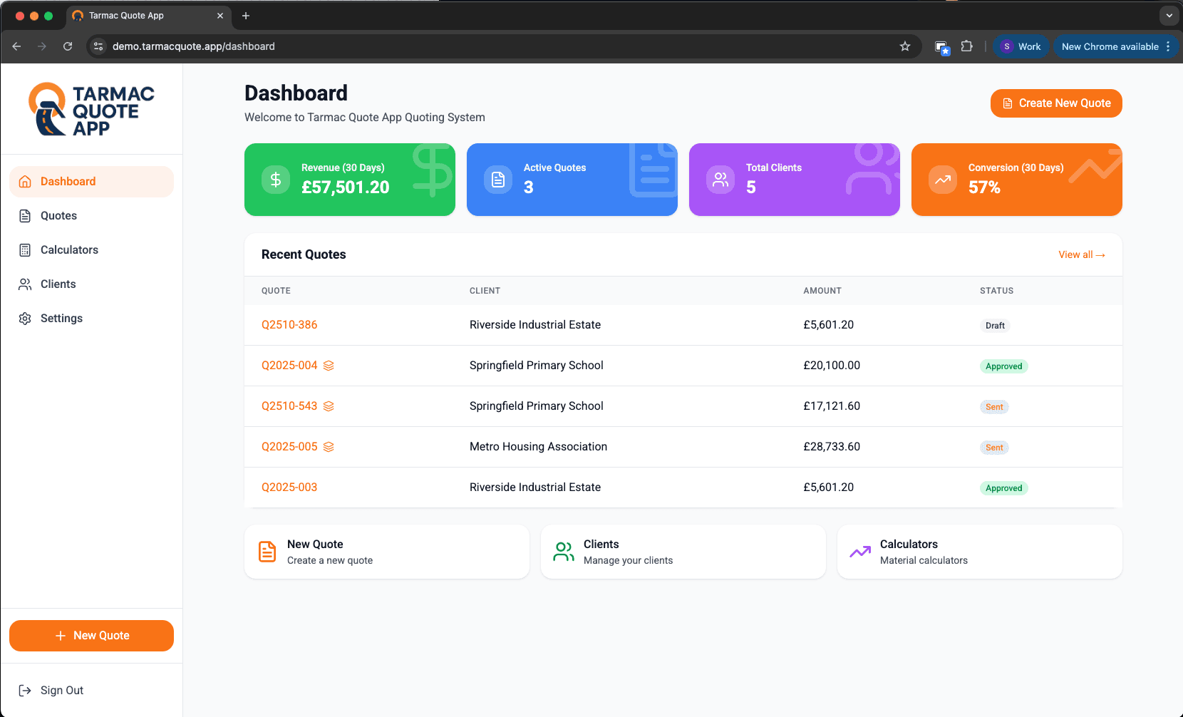 TarmacQuote Dashboard showing revenue tracking, active quotes, and conversion metrics